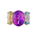 The Sword Swallower Ring in 18k Rose Gold with Amethyst, Blue Topaz, and Green Quartz